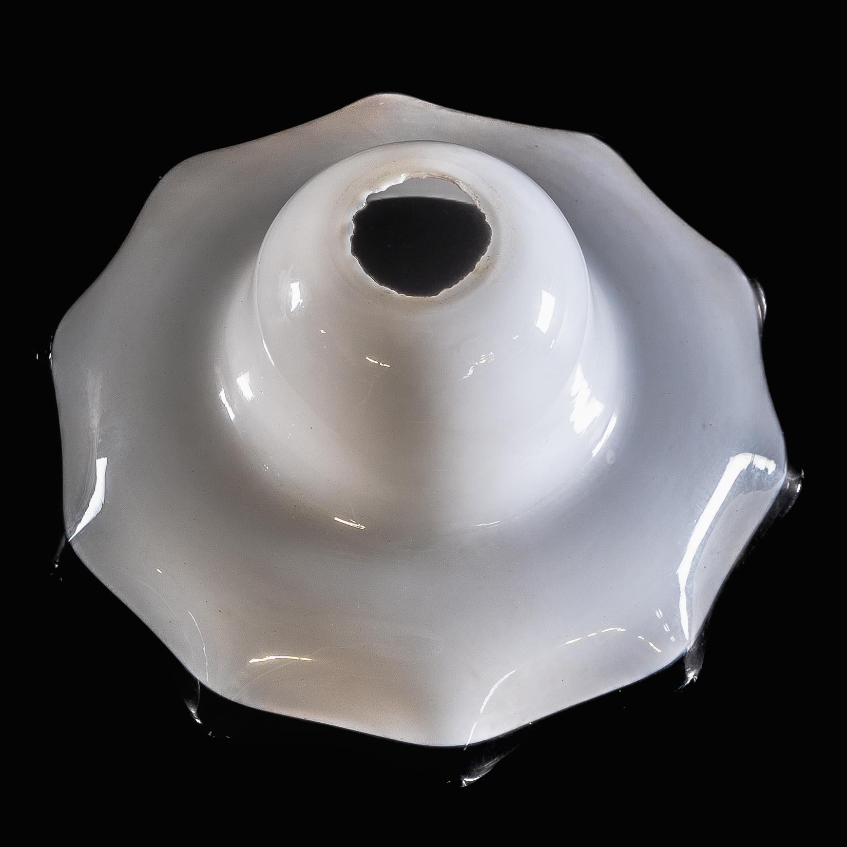 Un set di sei paralumi in vetro di vaselina con finitura opalescente e bordo increspato
Diametro della galleria o del foro del paralume:
