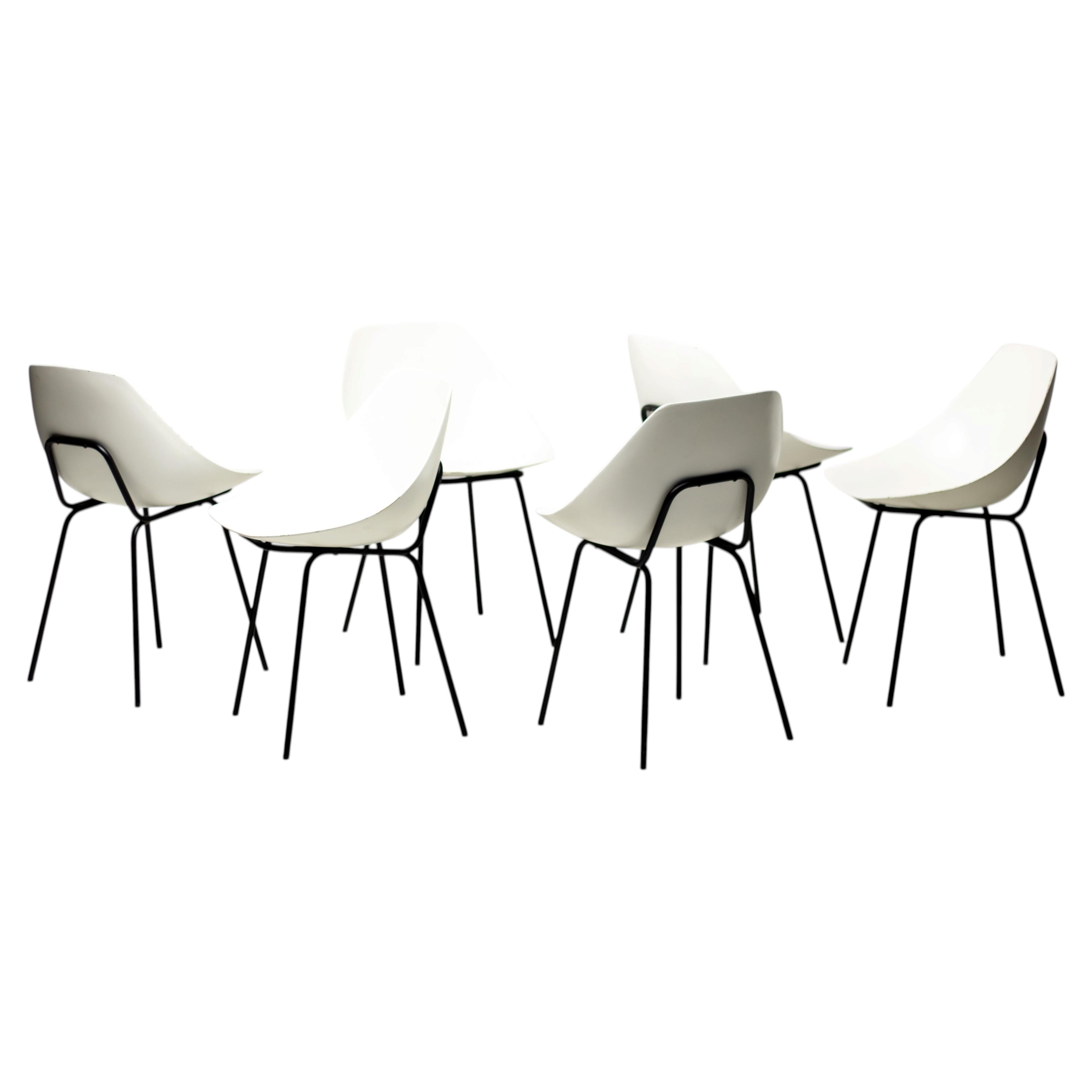 A Set of Six White Fiberglass Pierre Guariche "Coquillage" Chairs