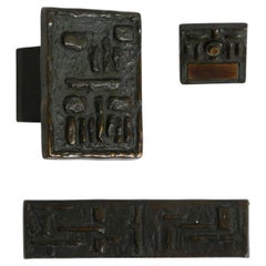 A set of solid, heavy 1970s Brutalist pull handles with letter slot and doorbell