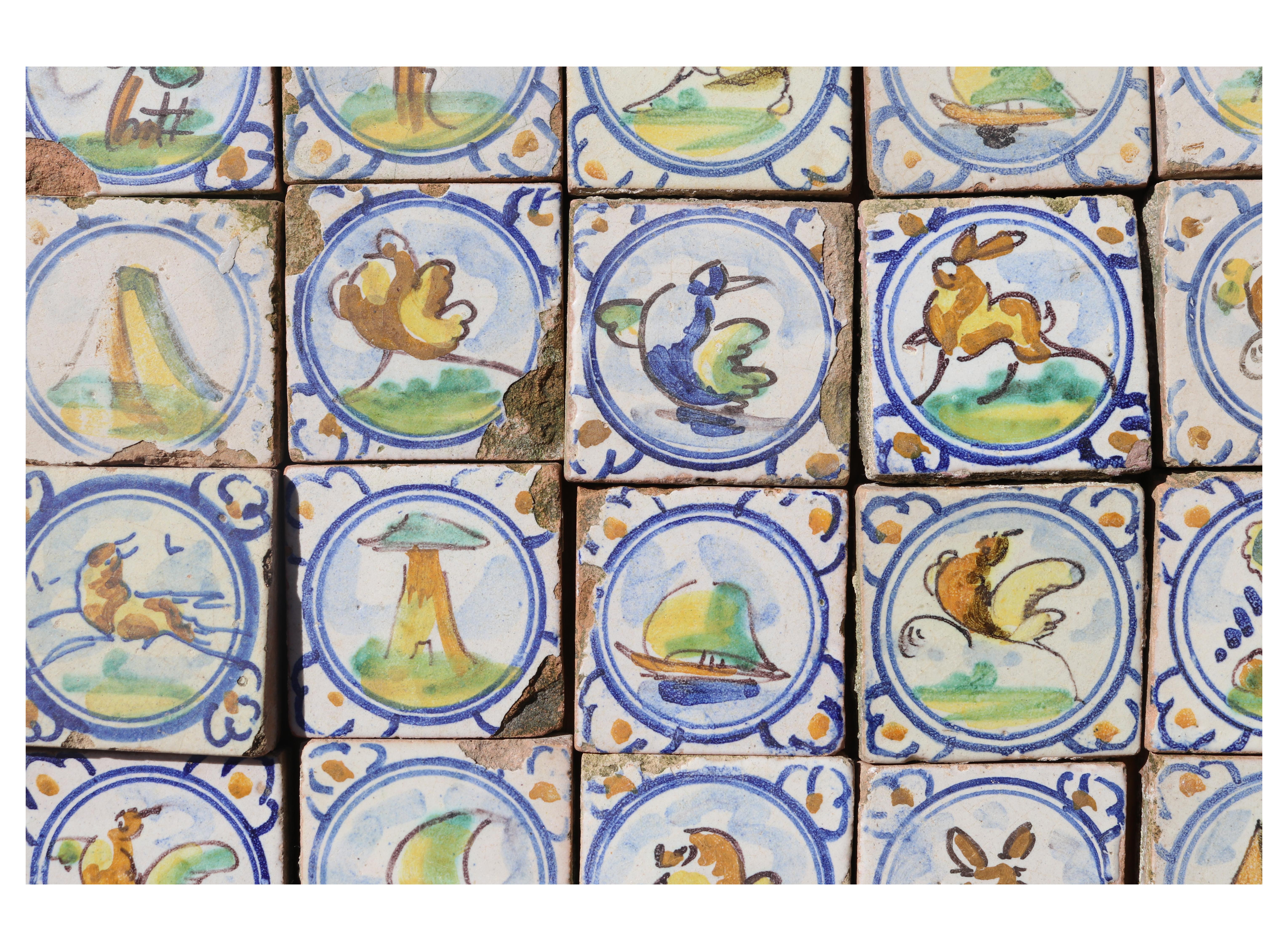 Set of Spanish Antique Hand Decorated Tiles In Fair Condition In Wormelow, Herefordshire