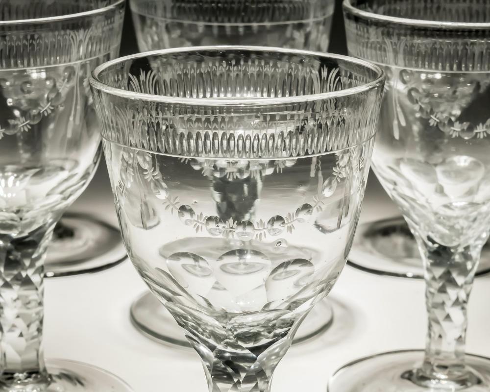 A set of ten engraved facet stem continental goblets.

Portugal, circa 1785.