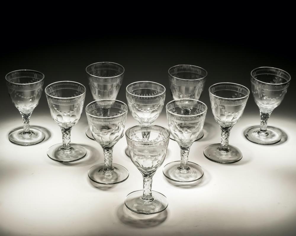 Late 18th Century Set of Ten Engraved Facet Stem Continental Goblets For Sale