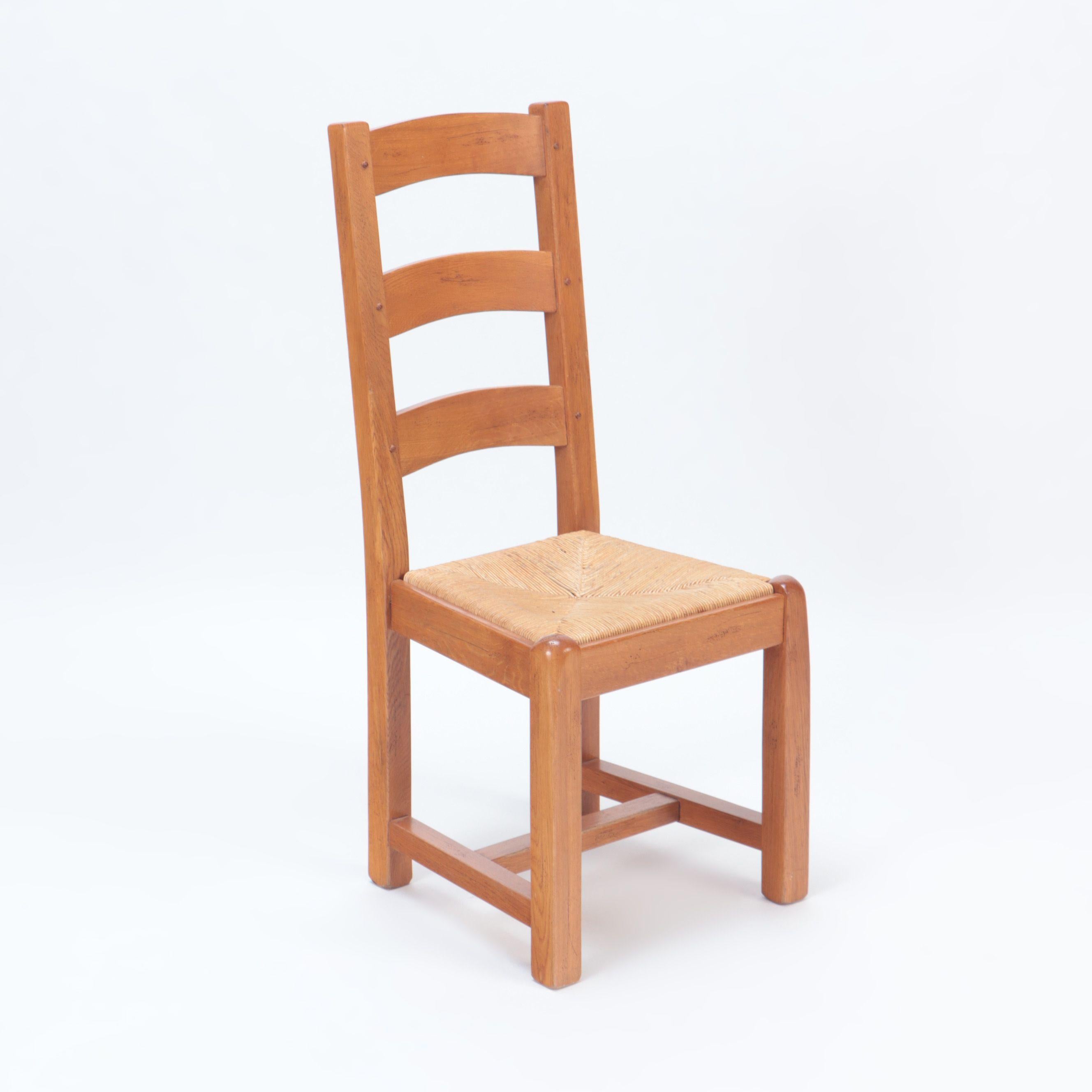 Mid-20th Century Set of Ten French Oak Ladder Back Chairs with Rush Seats, C 1960 For Sale