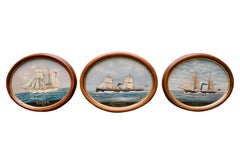 Set of Three 19th Century Oval Marine Paintings of Famous Steamships