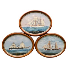Set of Three 19th Century Oval Marine Paintings of Famous Steamships