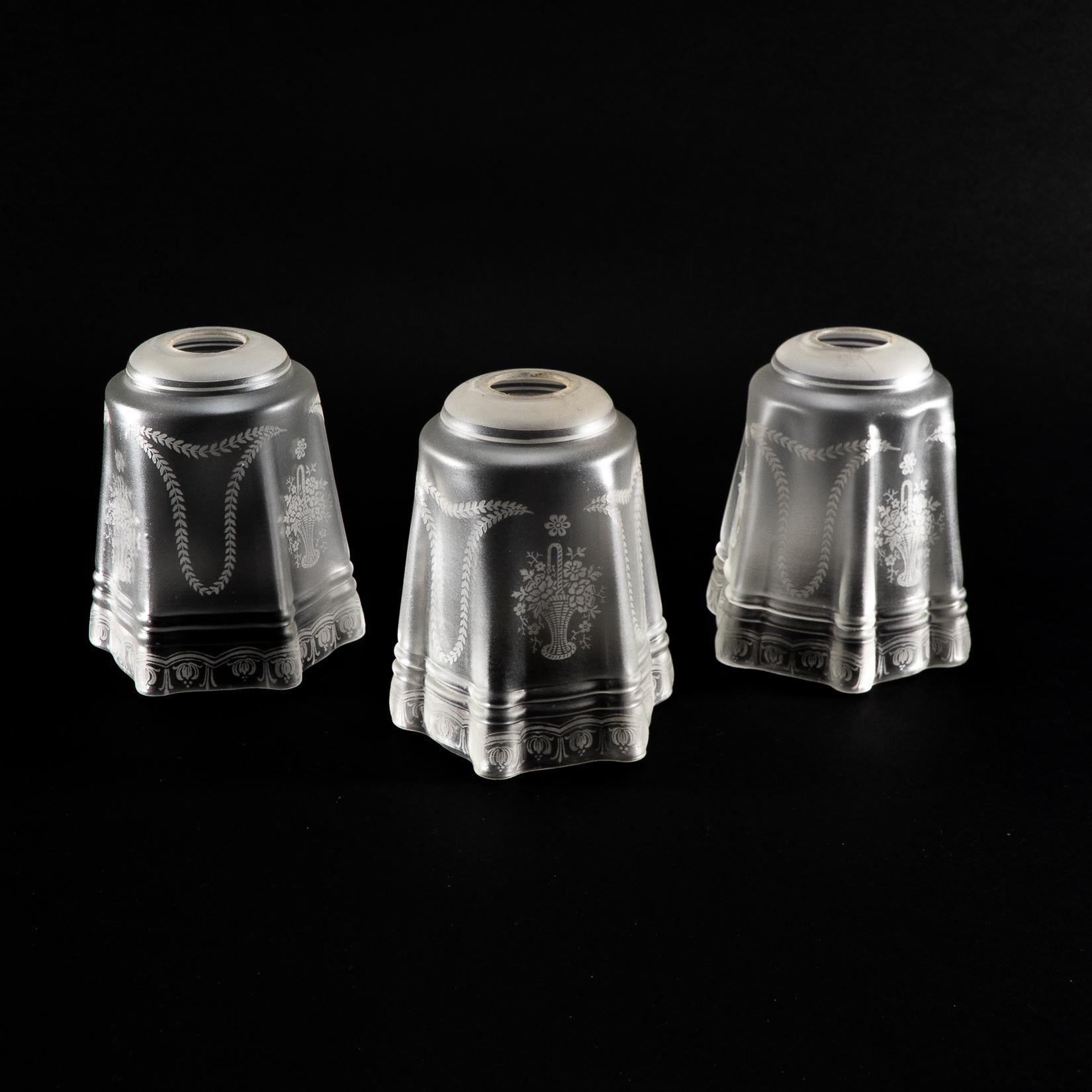 British A Set of Three Acid-Etched Frosted Glass Shades For Sale