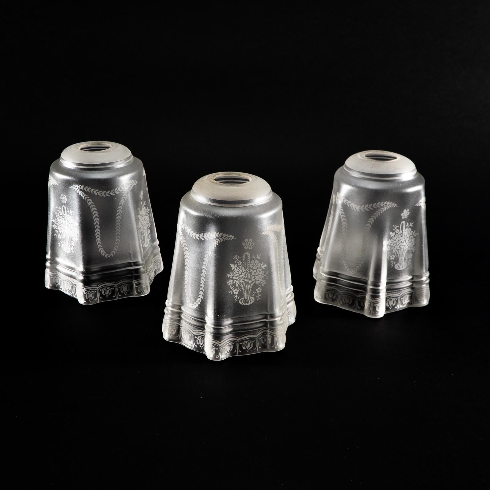 Hand-Crafted A Set of Three Acid-Etched Frosted Glass Shades For Sale