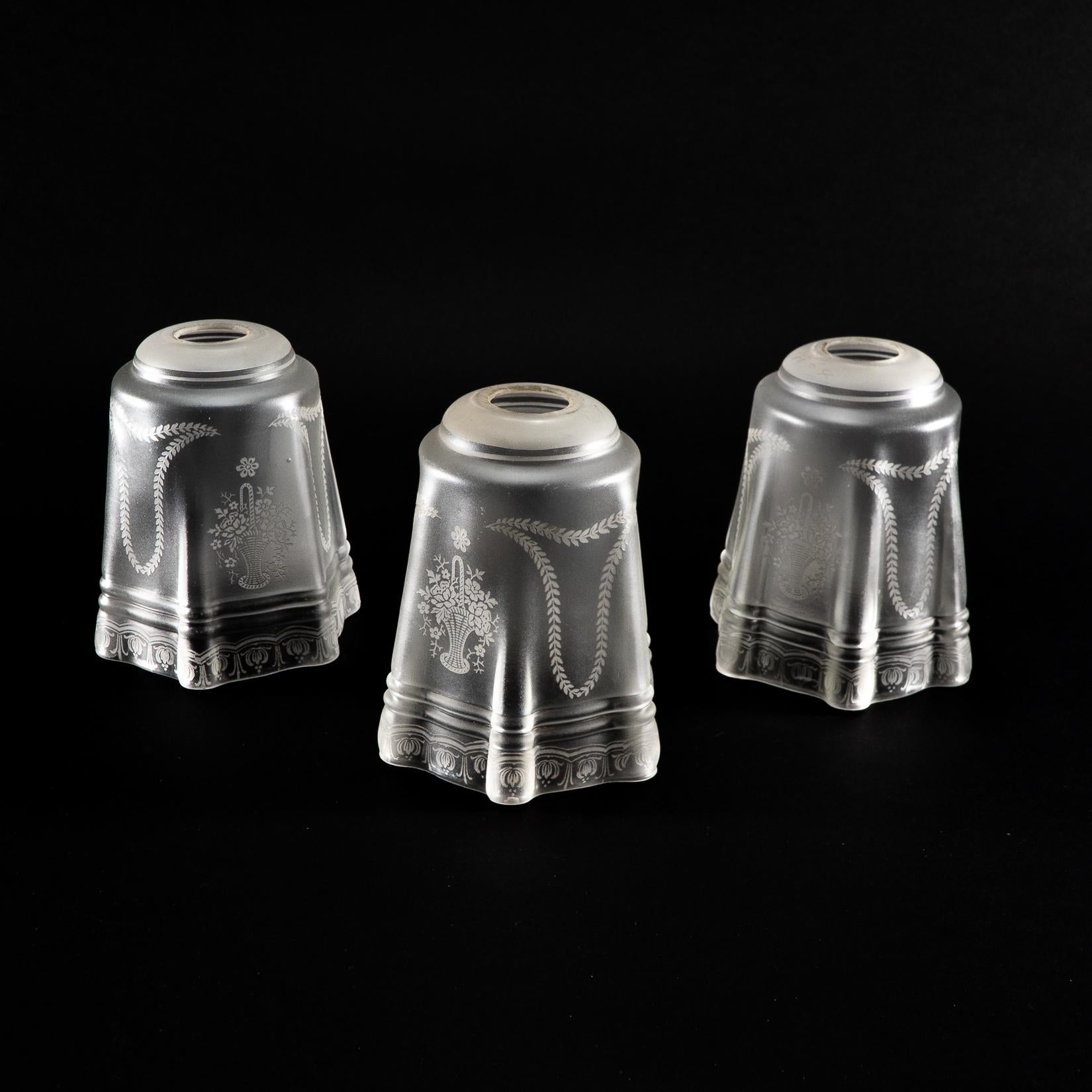20th Century A Set of Three Acid-Etched Frosted Glass Shades For Sale