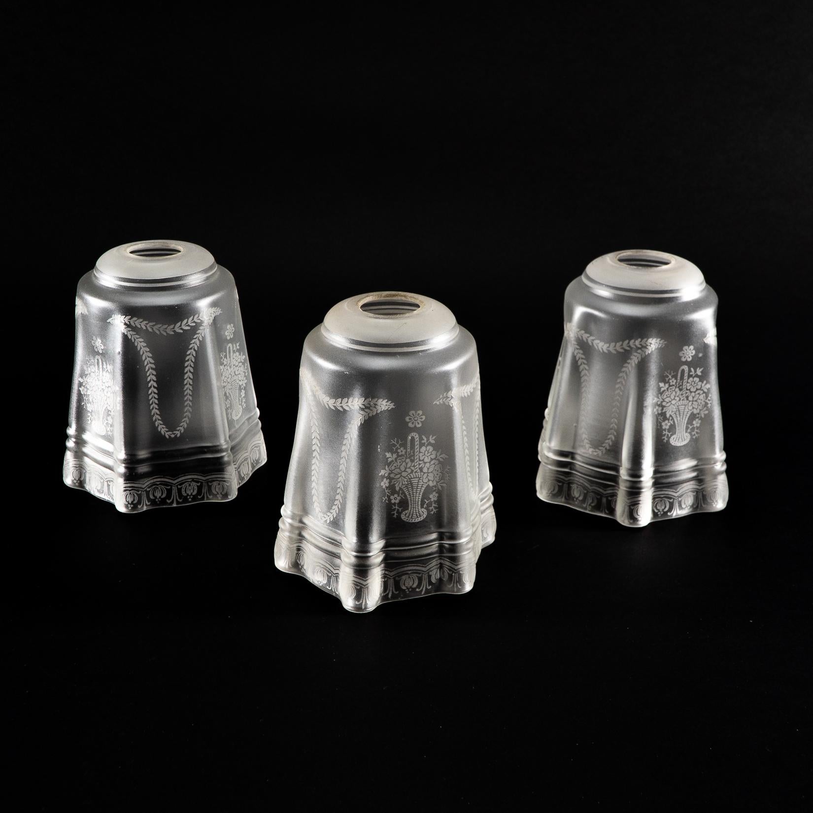 Uranium Glass A Set of Three Acid-Etched Frosted Glass Shades For Sale