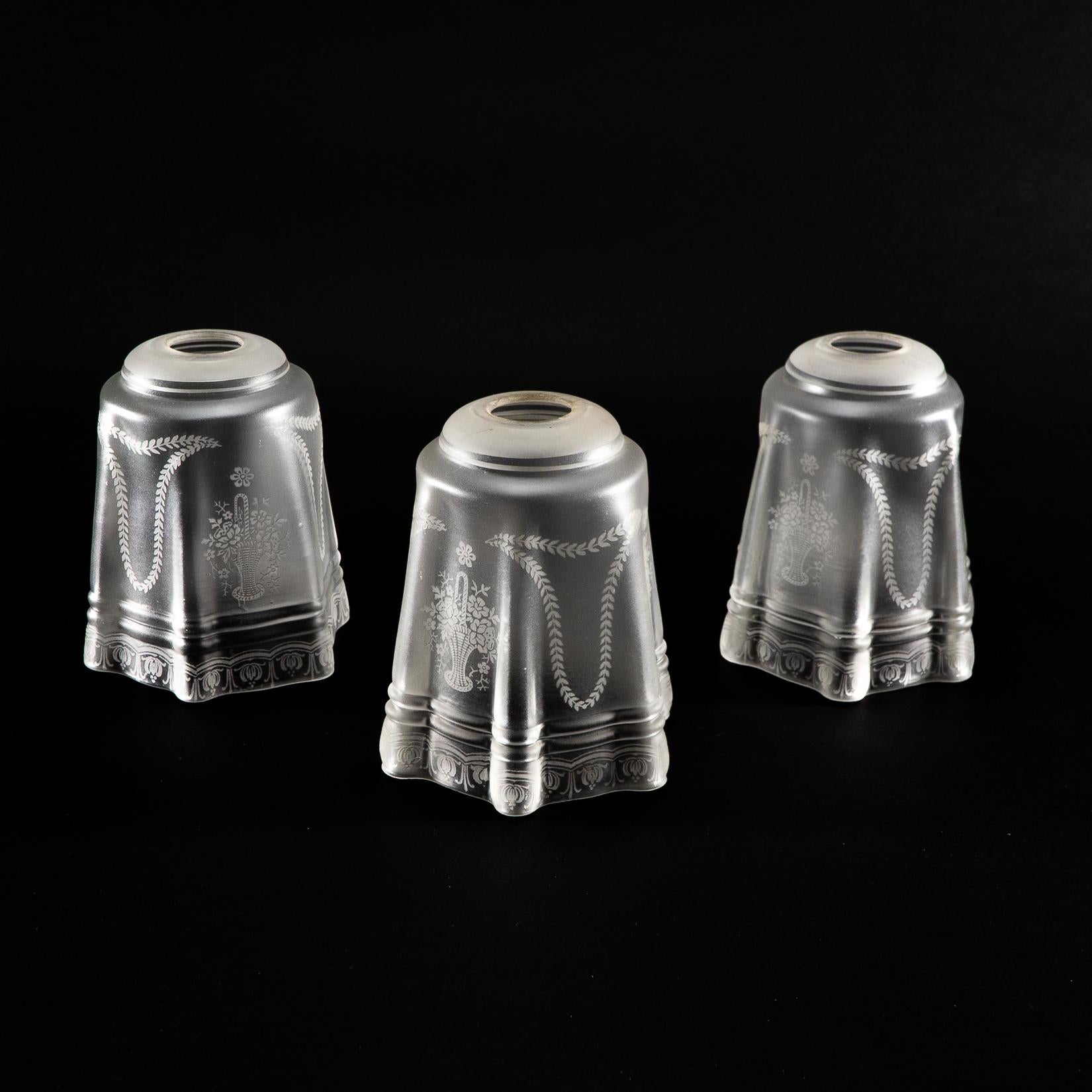 A Set of Three Acid-Etched Frosted Glass Shades For Sale 1