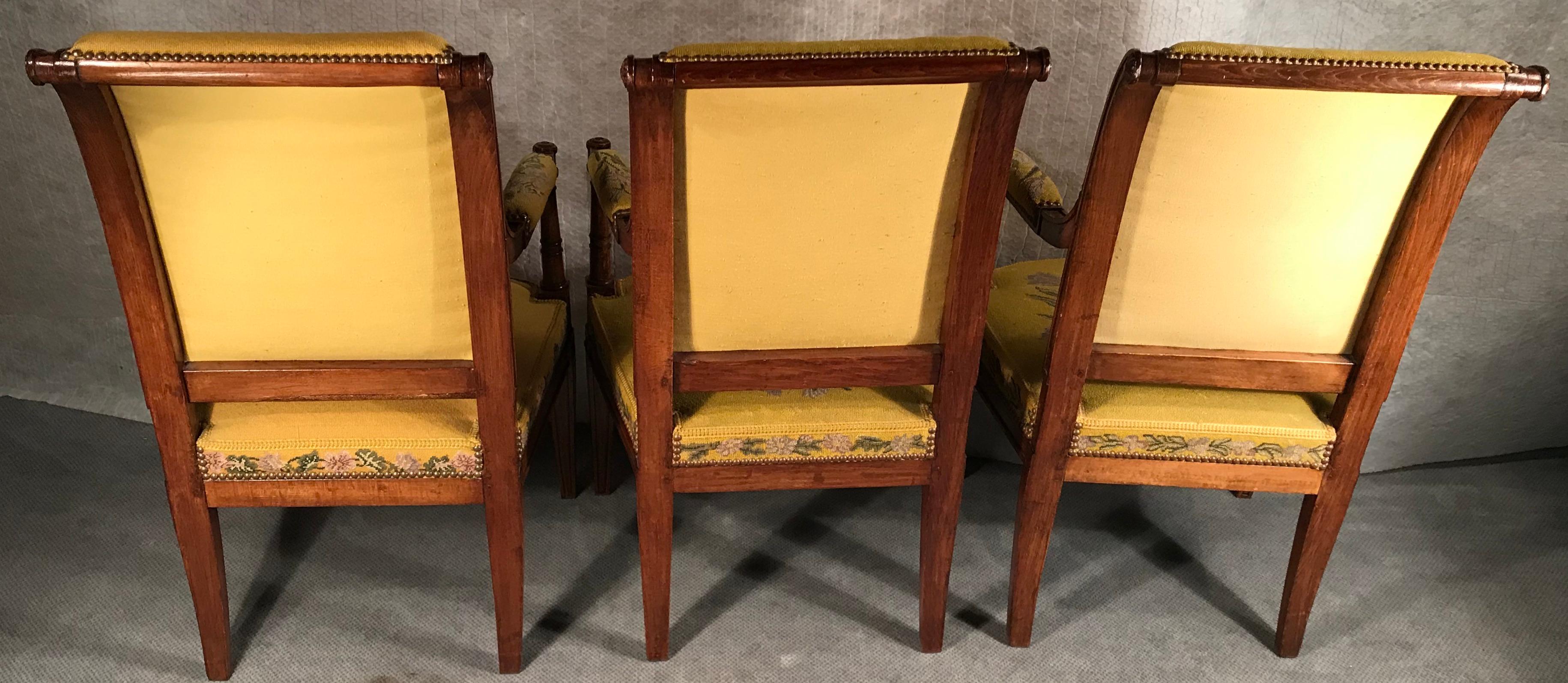Hand-Carved Set of Three Armchairs, Directoire Style, France, 19th Century For Sale
