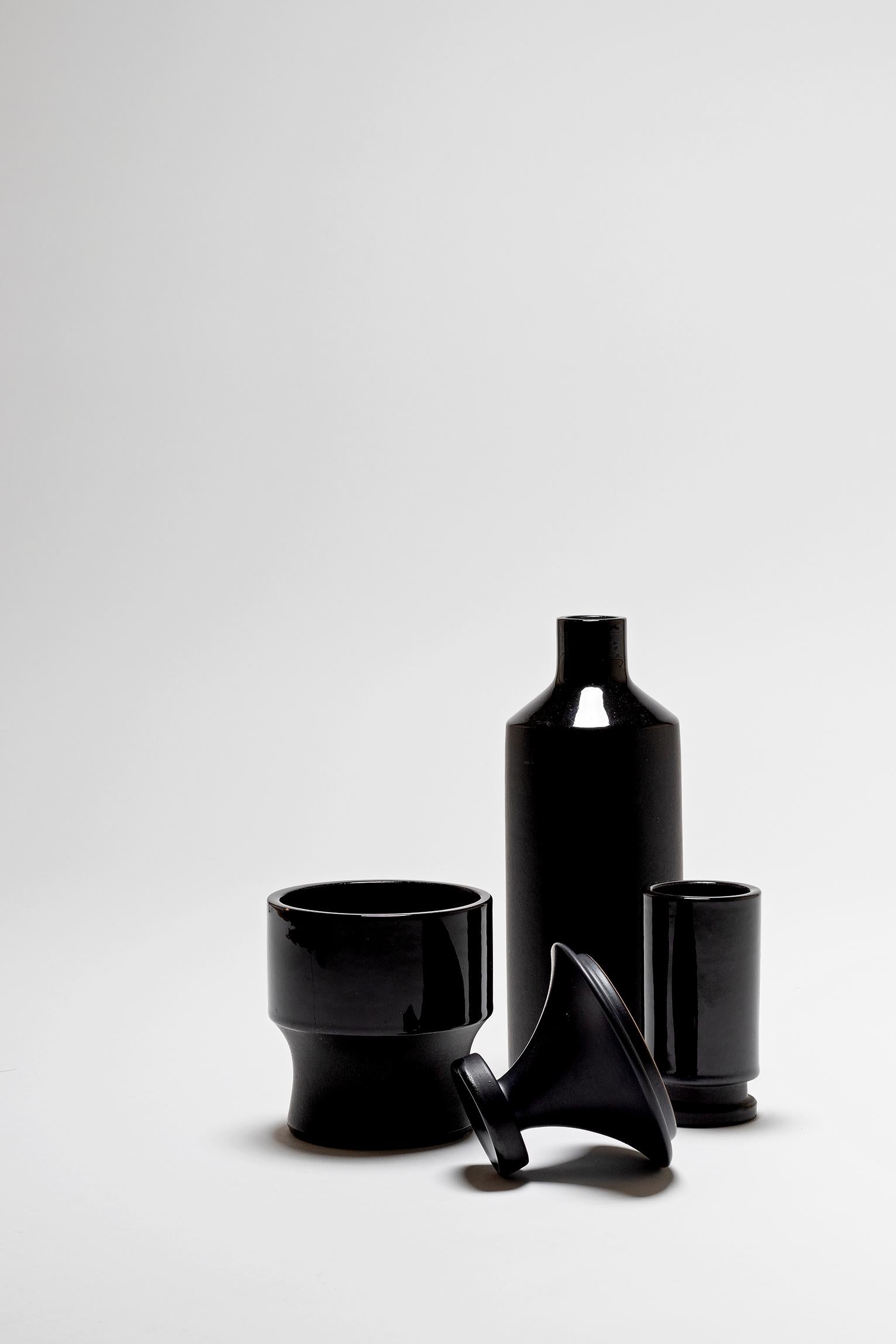 Mid-Century Modern Set of Three Black Ceramic Vessels, by Lucerner Keramik