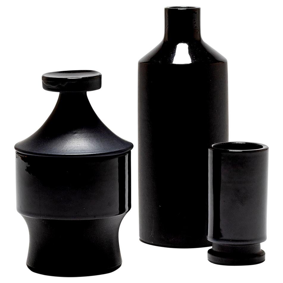 Set of Three Black Ceramic Vessels, by Lucerner Keramik