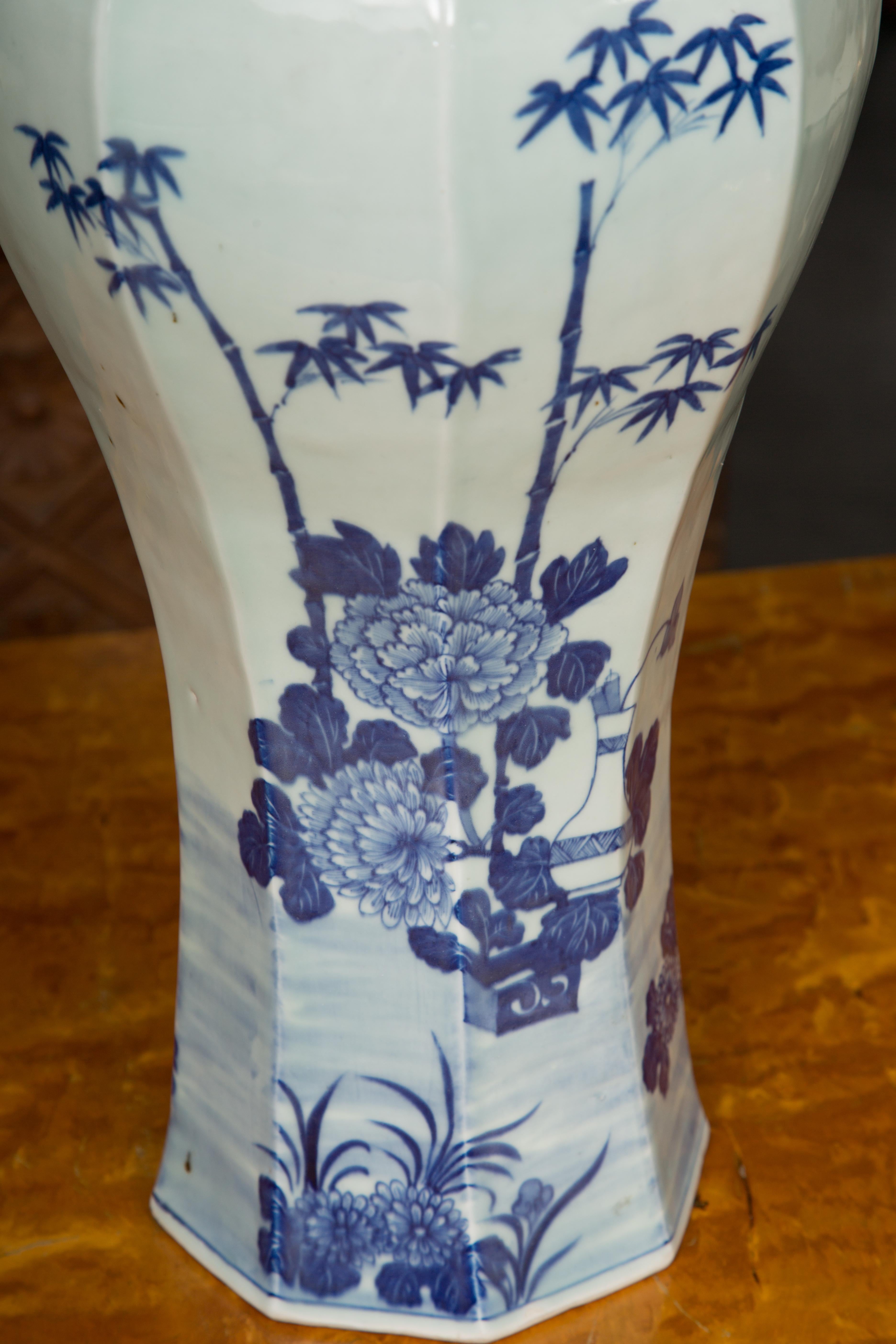 Hand-Painted  Chinese Blue and White Lidded Vases