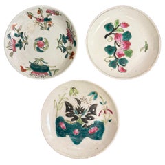 A Set of Three Chinese Familie Rose Ceramic Saucers with Marks, 19th Century