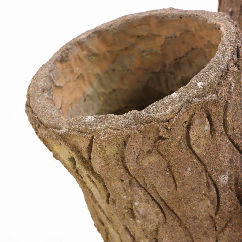 A set of three French tabletop faux bois cast stone planters, C. 1950. In Good Condition For Sale In Philadelphia, PA