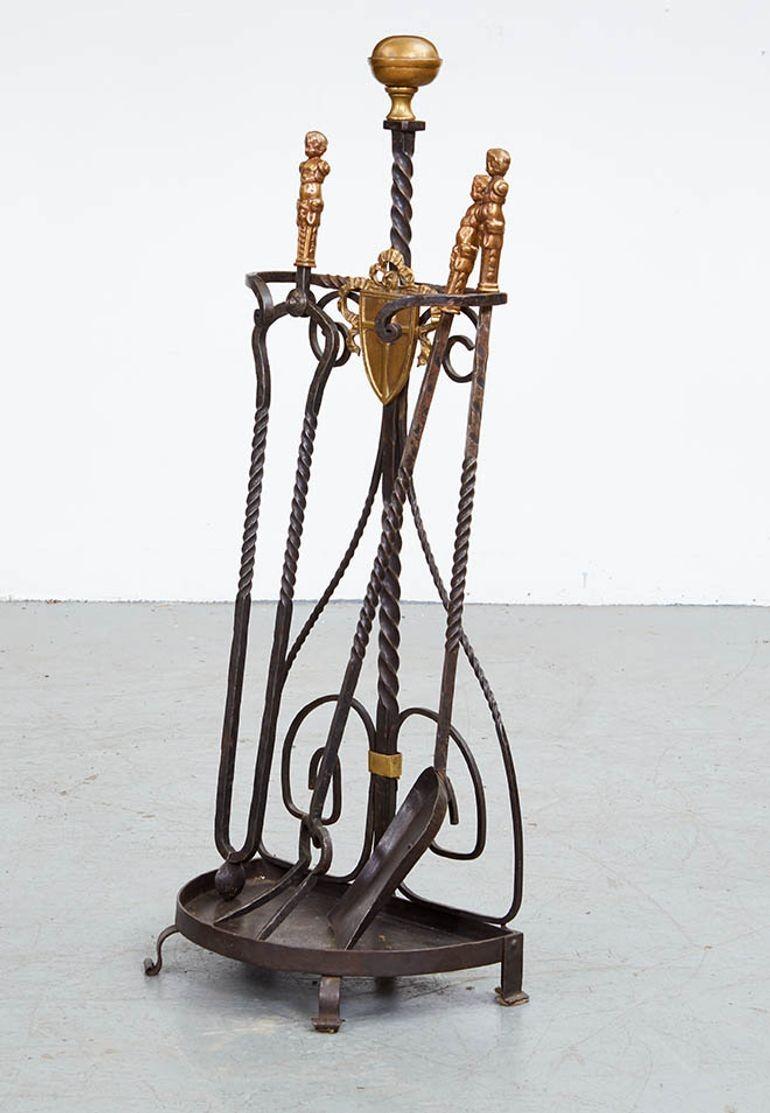 Bronze A Set of Three Gilded Age Fireplace Tools in Stand For Sale