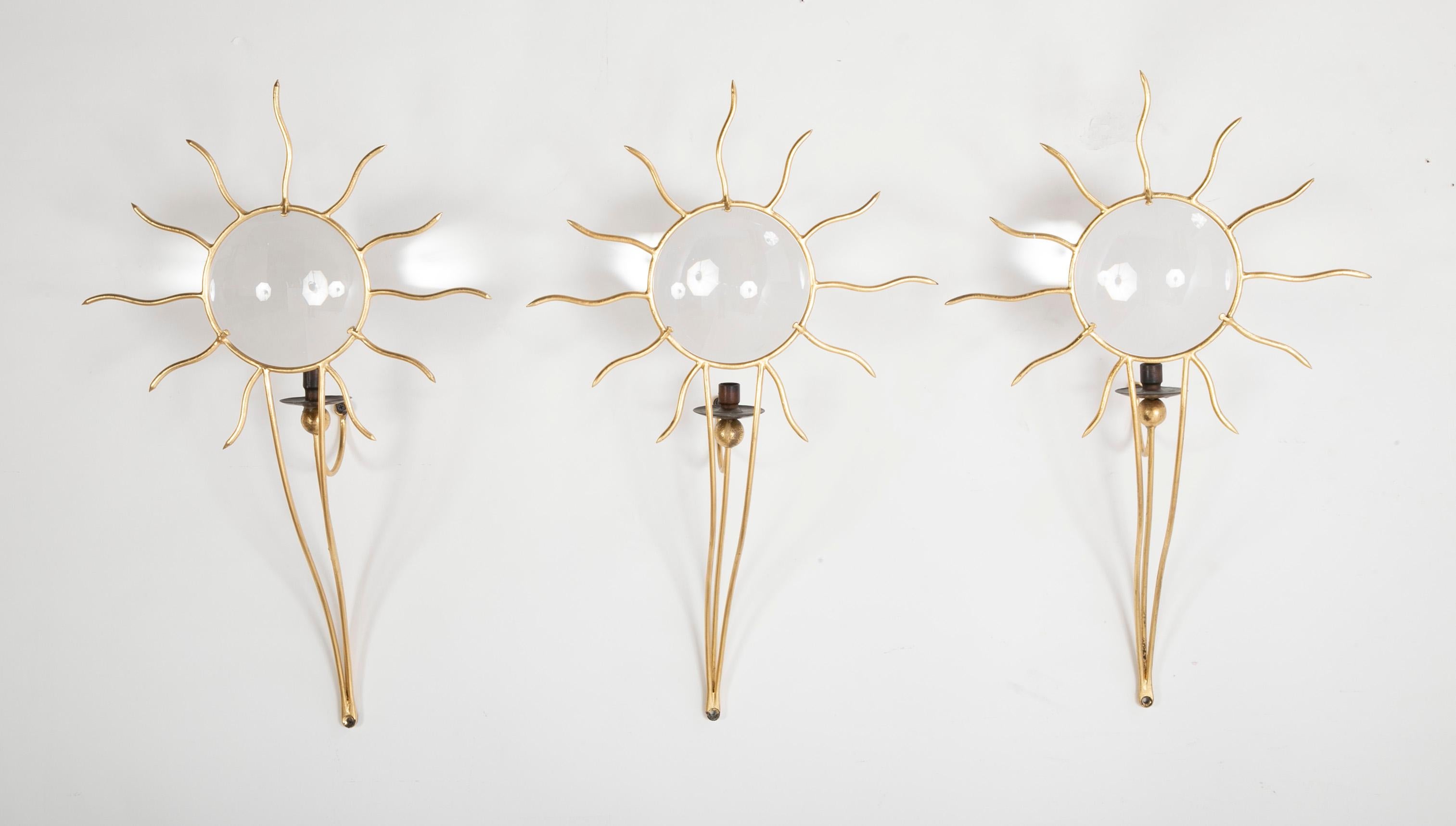 Set of three Andrea Dubreuil designed gilt metal sconces signed on bobeche cup. Produced by Ceccotti Collezioni. Currently unwired.
