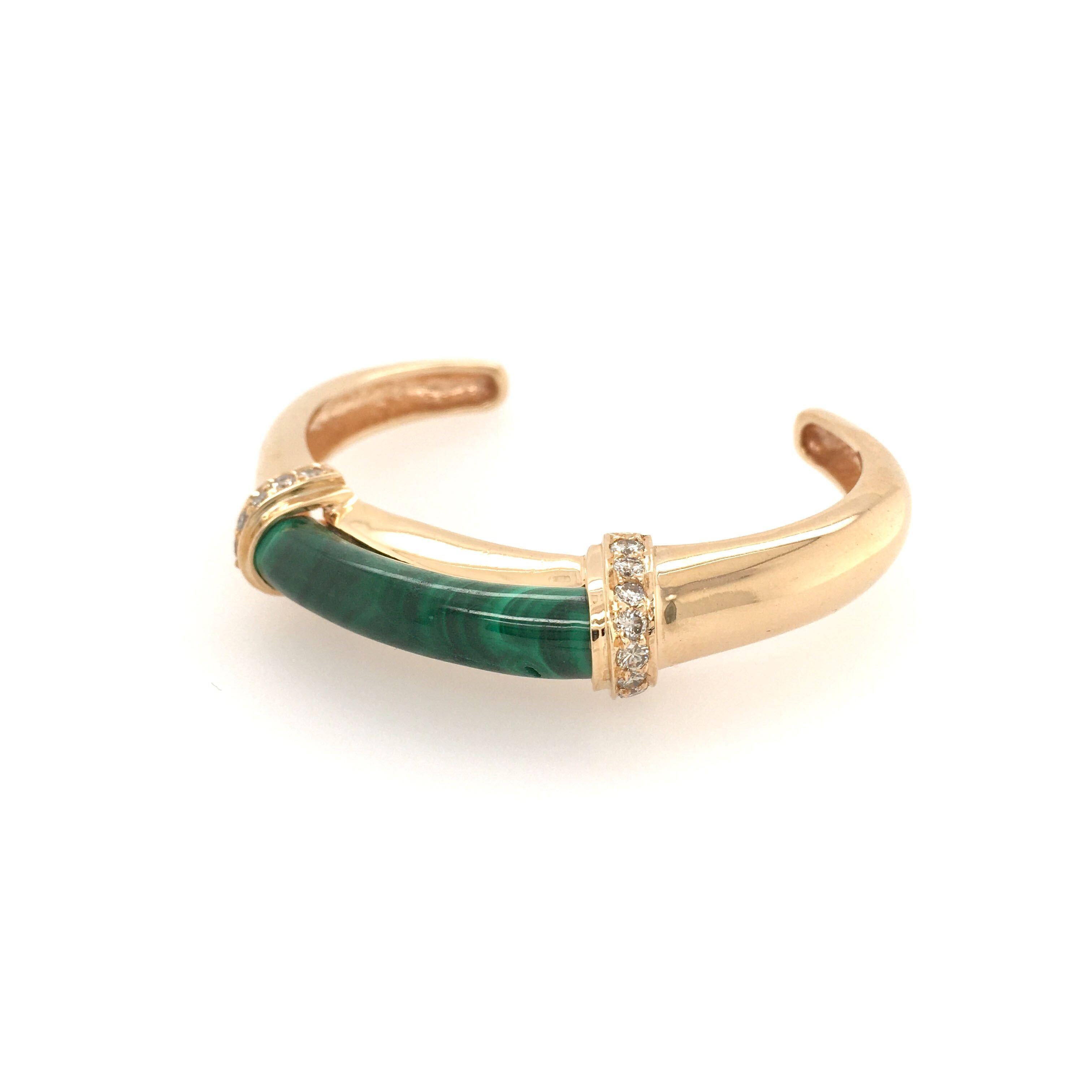 A set of three (3) 14 karat yellow gold, malachite and diamond cuff bracelets. Circa 1960. Each polished open cuff, set to the top with a malachite panel, two enhanced with pave diamond trim. Inside measurement 4 1/2 inches, gross weight is