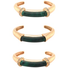 Set of Three Gold, Malachite and Diamond Cuff Bracelets