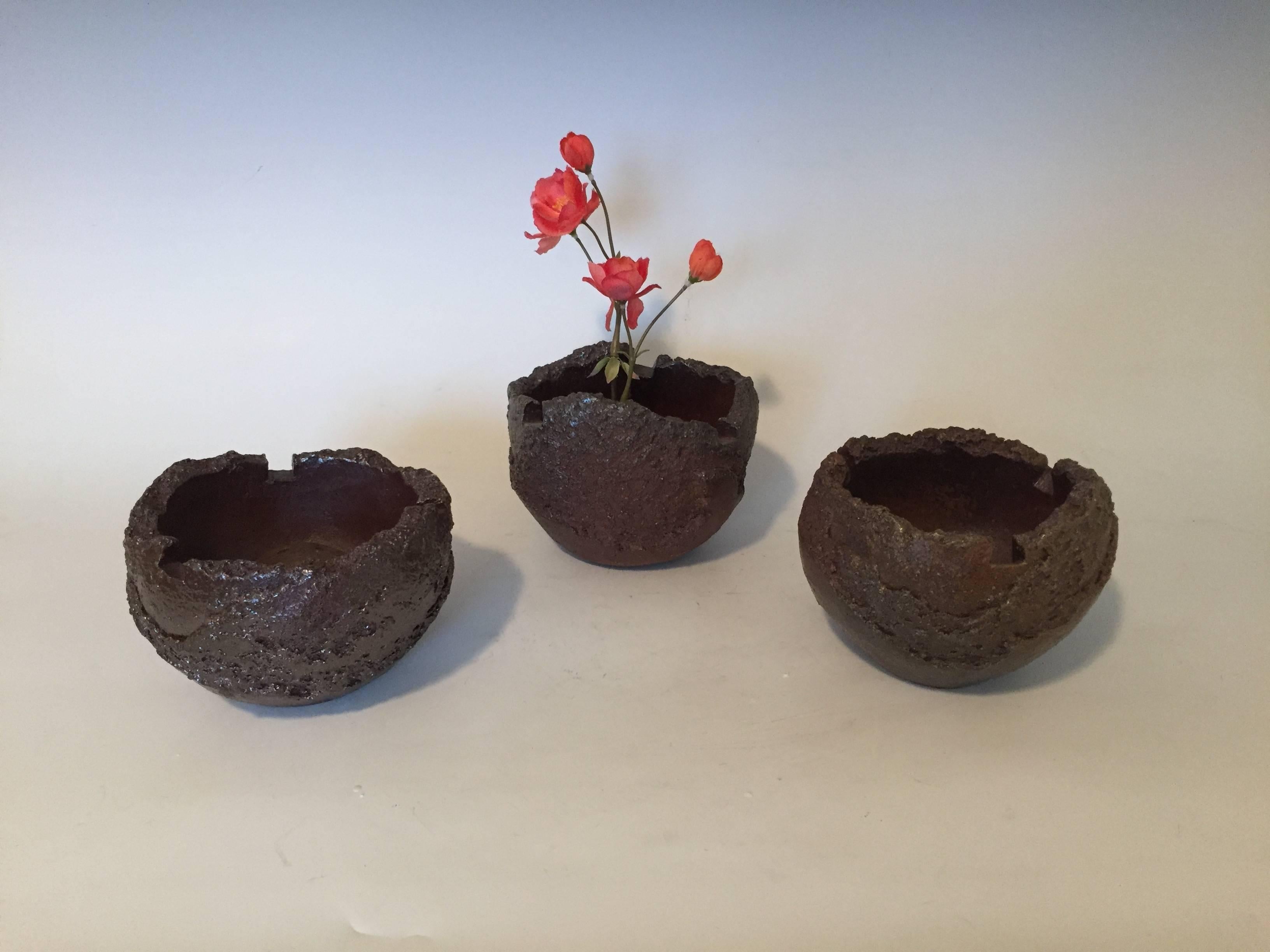 Japanese Set of Three Handmade Ceramic Flower Bowls For Sale