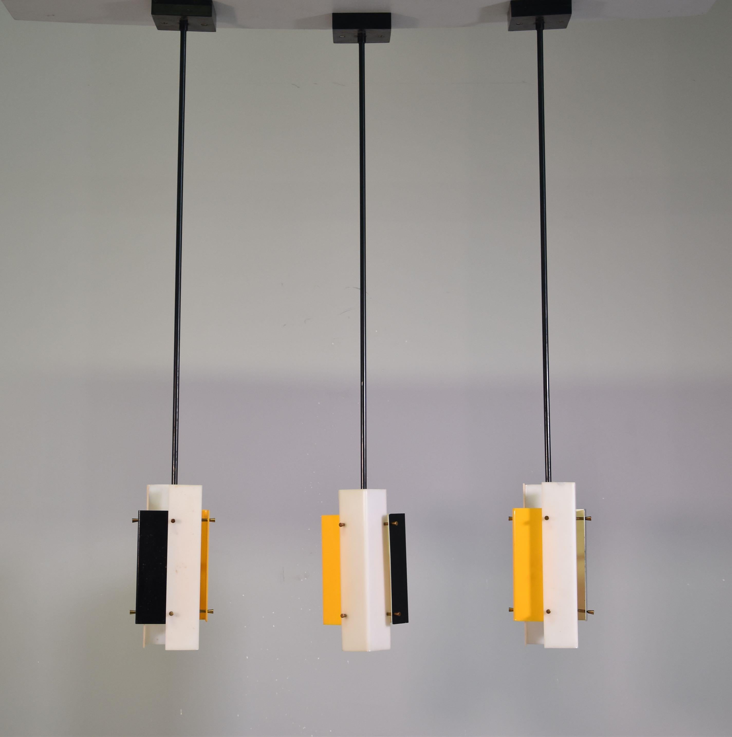 Set of Three Jean Boris Lacroix Acrylic Brass and Enameled Steel Ceiling Light For Sale 8