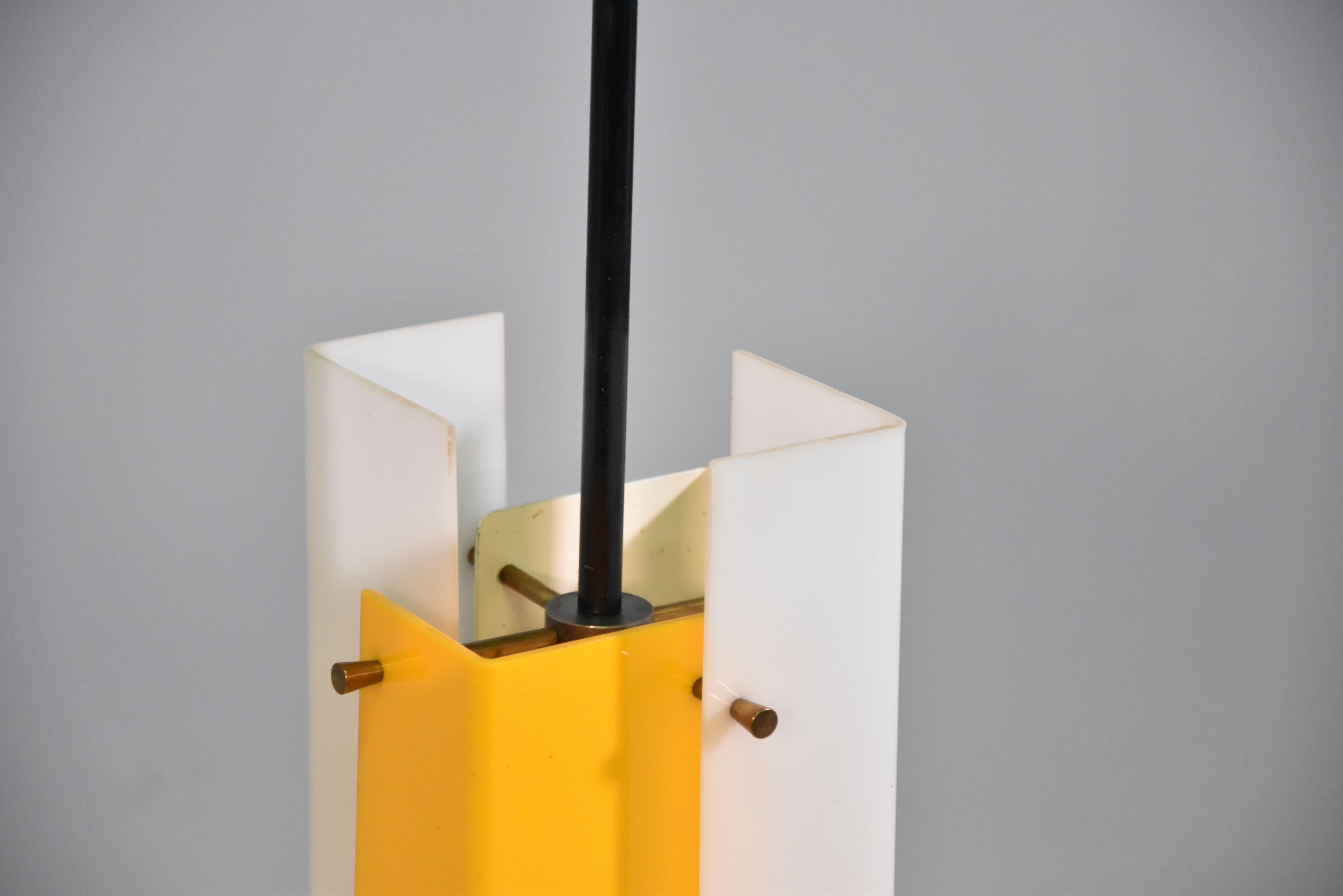 20th Century Set of Three Jean Boris Lacroix Acrylic Brass and Enameled Steel Ceiling Light For Sale