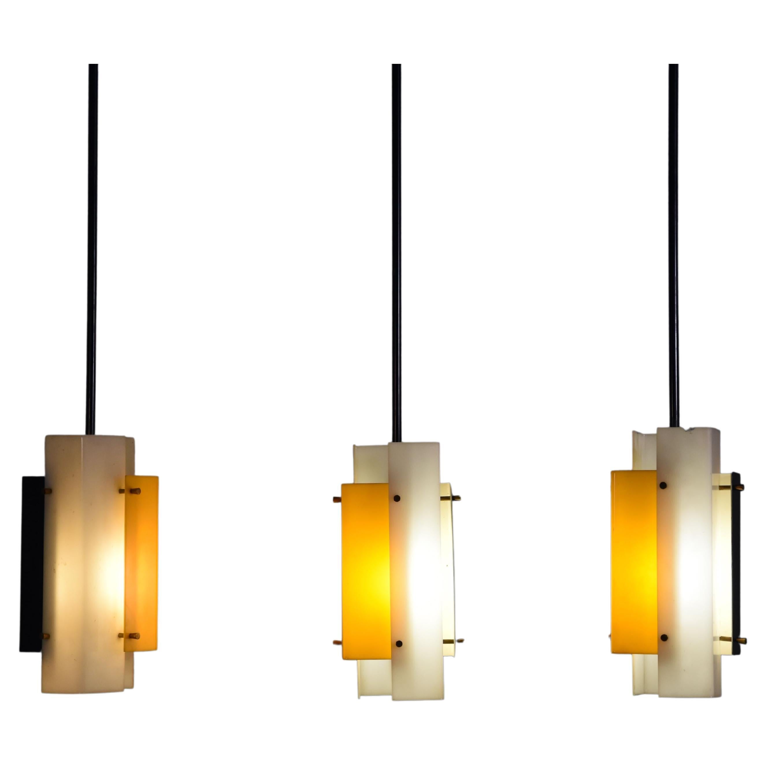 Set of Three Jean Boris Lacroix Acrylic Brass and Enameled Steel Ceiling Light For Sale