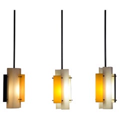 Set of Three Jean Boris Lacroix Acrylic Brass and Enameled Steel Ceiling Light