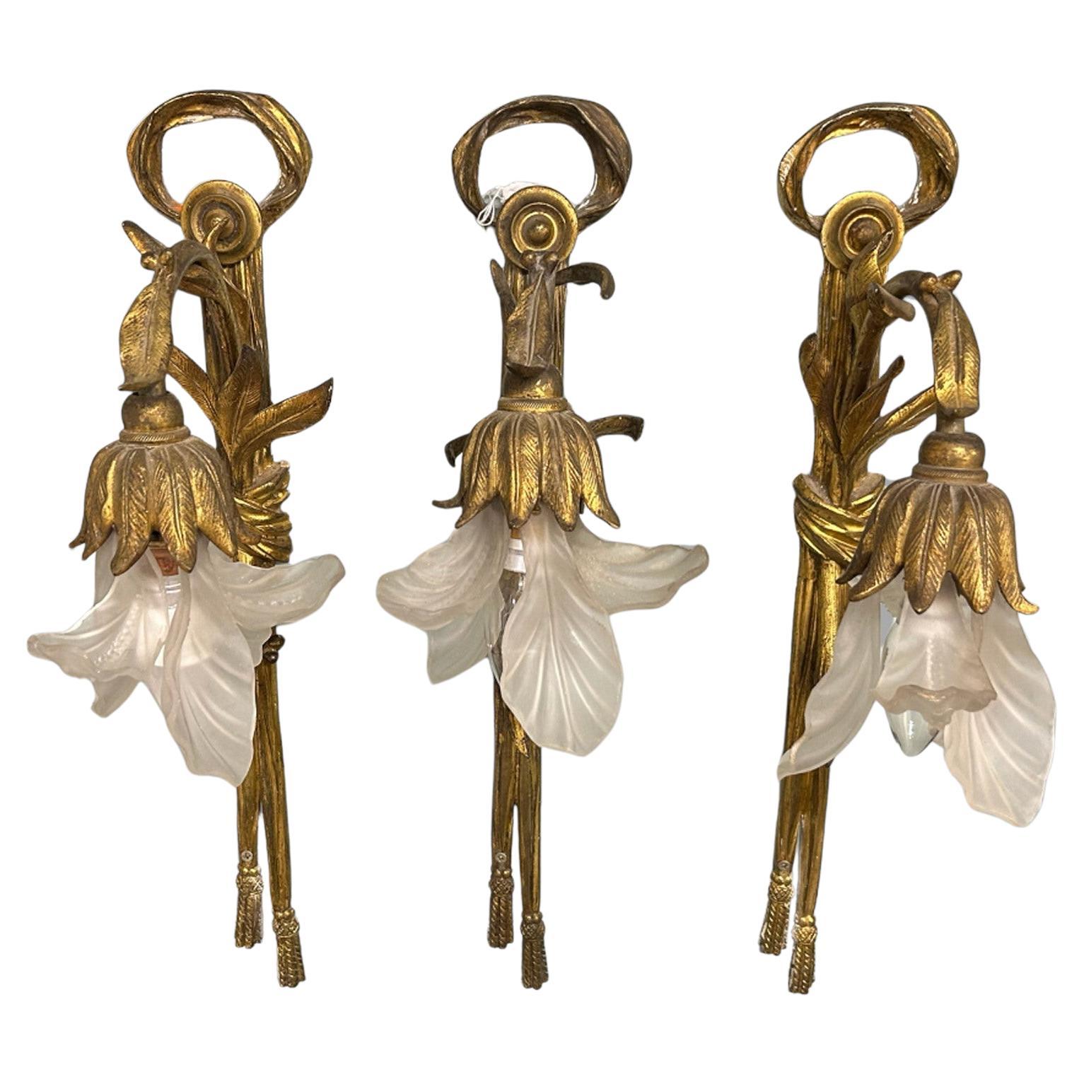 A Set of Three Late 19thc Gilt and Glass Wall Lights For Sale