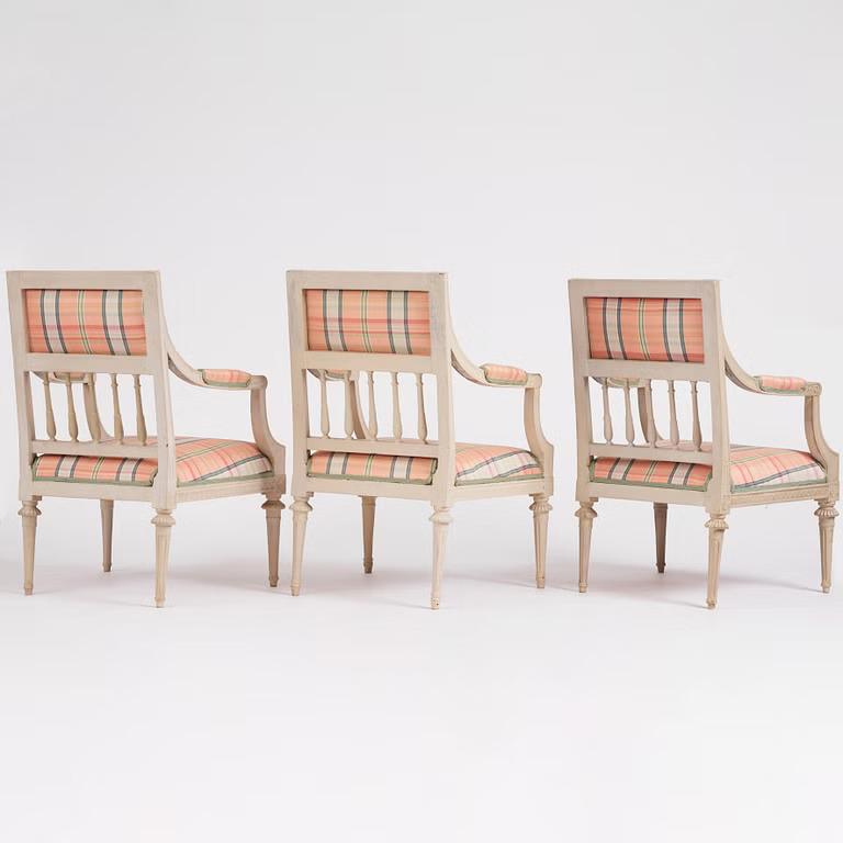 Swedish A set of three late Gustavian open armchairs, late 18th century For Sale
