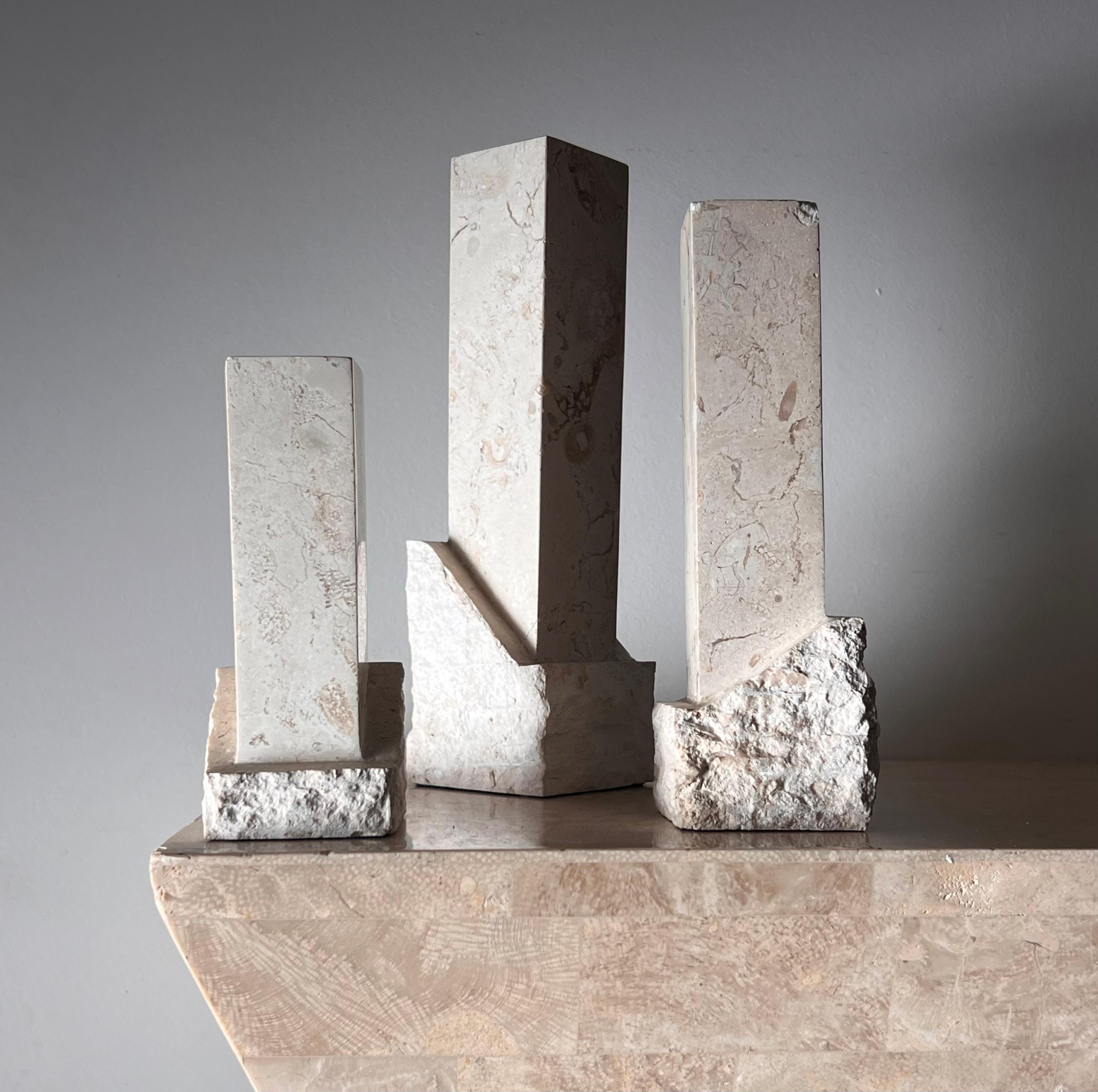 A set of three neoclassical postmodern “Ruins” stone candleholders, late 20th c In Good Condition For Sale In View Park, CA