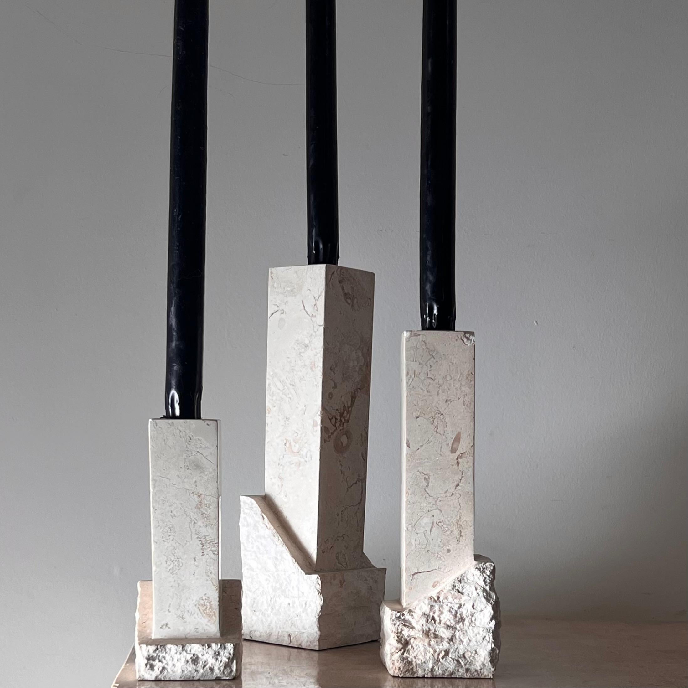 Soapstone A set of three neoclassical postmodern “Ruins” stone candleholders, late 20th c For Sale
