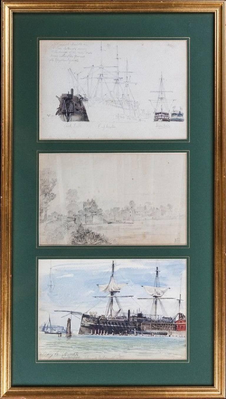 A set of three pen, ink and water color sketches set in a single frame, HMS Euphrates, HMS Irresistible and a hulk, a view of Sunbury Lock and a Dreadnought alongside at Portsmouth with notations by Montague Dawson RA.