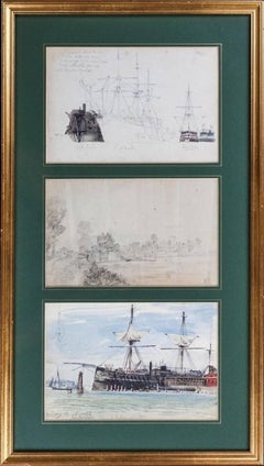 Ein Satz von drei Feder-, Tusche- und Aquarellskizzen von Montague Dawson