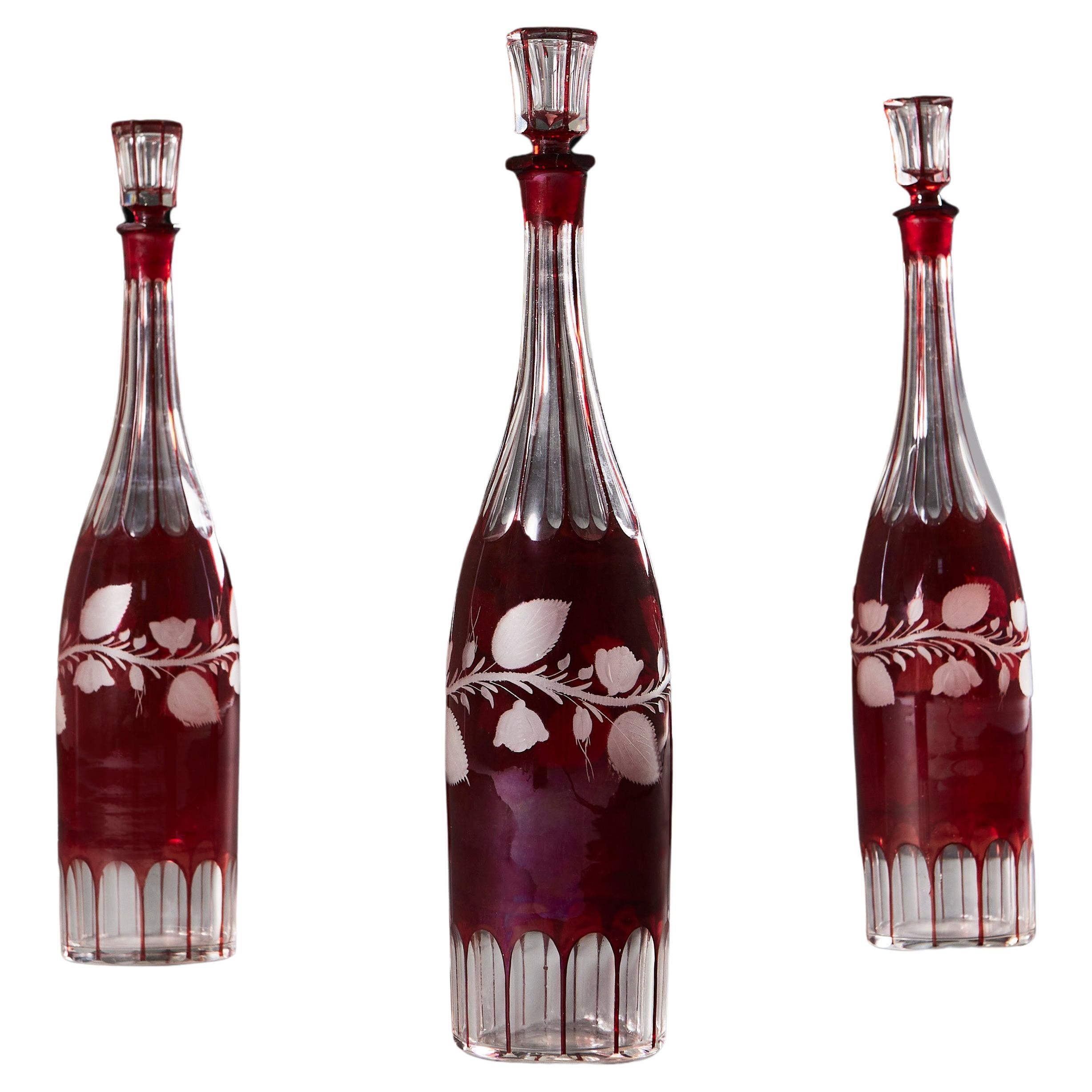A Set Of Three Red 19TH Century Spirit Decanters  For Sale