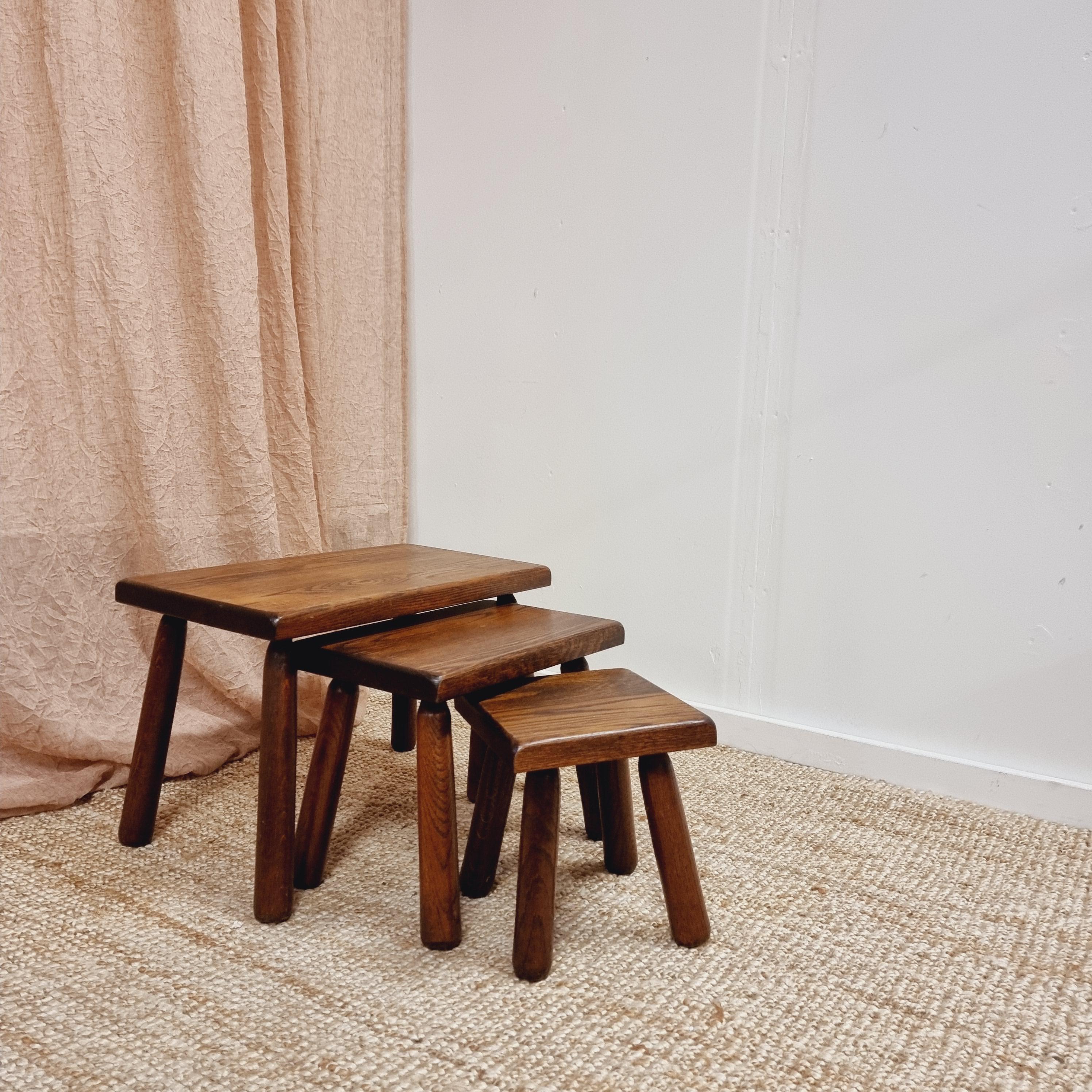 Scandinavian Modern Set of Three Rustic Nesting Tables, Scandinavian / Mid-Century Modern For Sale