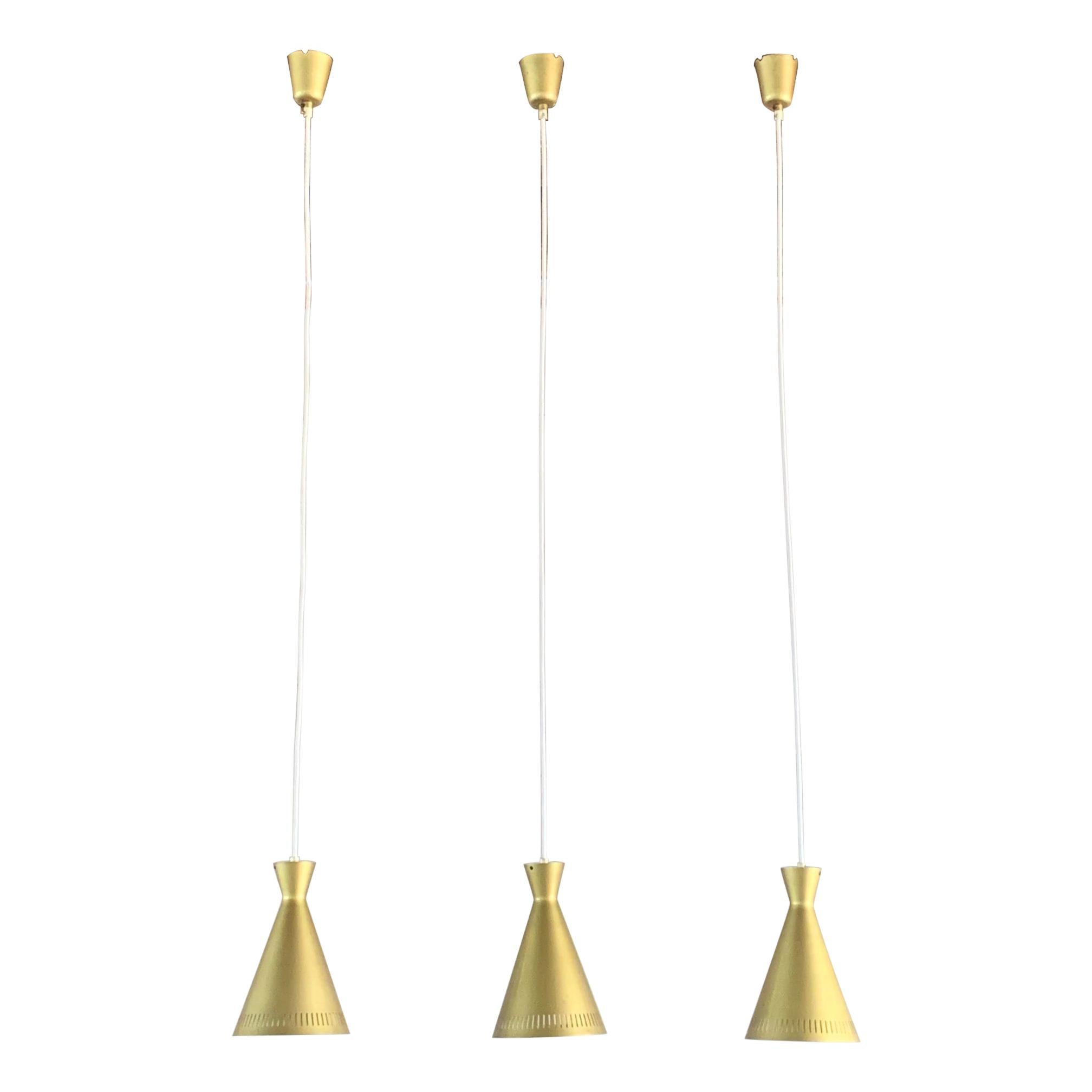 Set of Three Unusual Gold Pendant Lights, Germany, 1960s