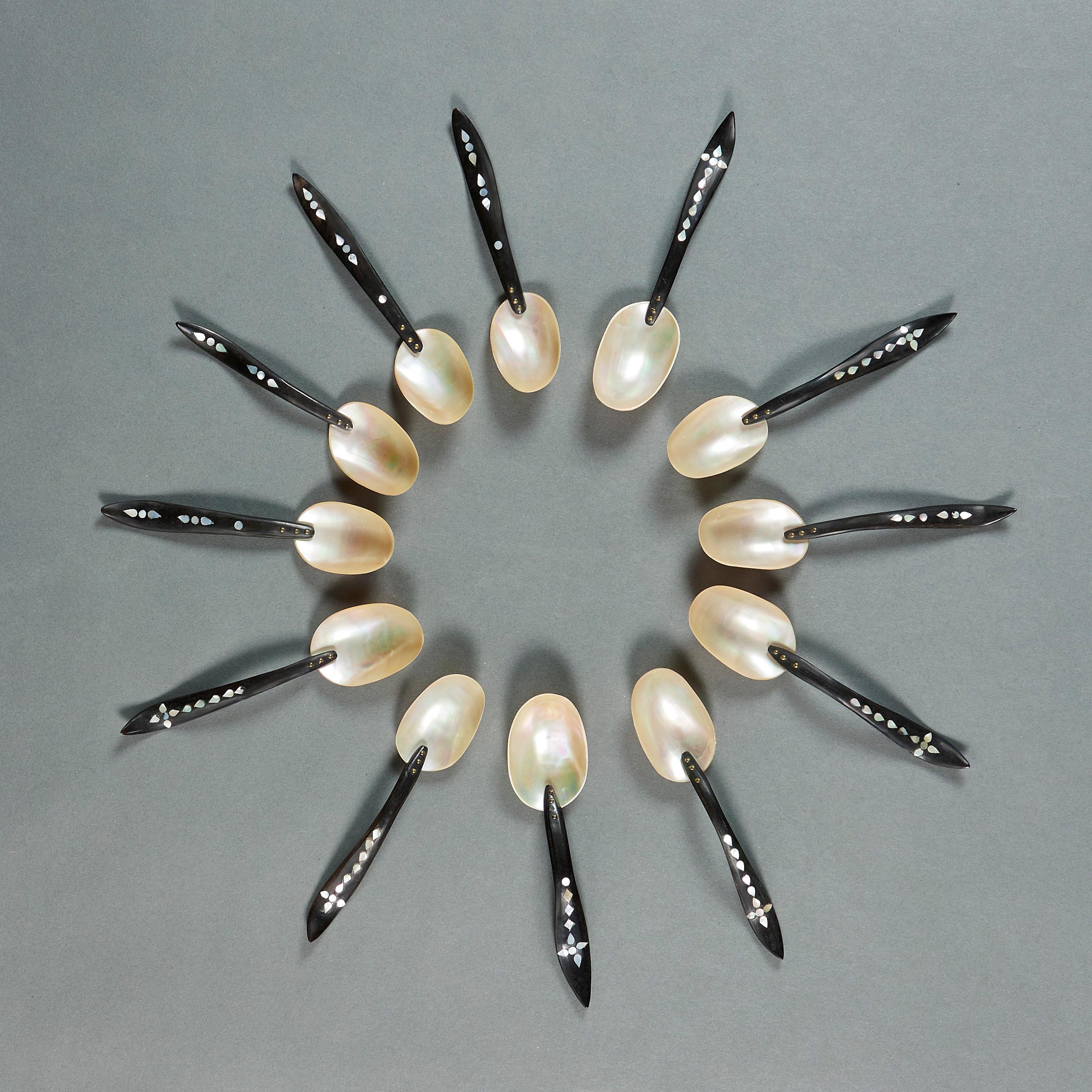 Ottoman, circa 1920

A set of twelve mother of pearl spoons, with ebonised handles inlaid with mother of pearl.

Measures: Length 20.05cm
Width 5.00cm.