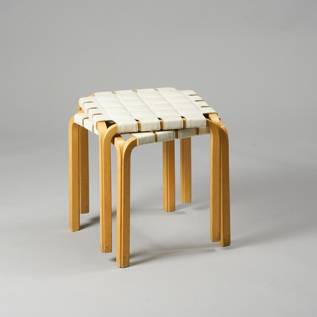 A set of two Alvar Aalto model Y 61 stools. Manufactured by Artek in the 1960s/1970s. The stools have the iconic Y -leg design with quilted leather. The birch legs are beautifully aged to a nice honey color. The stools are in great vintage
