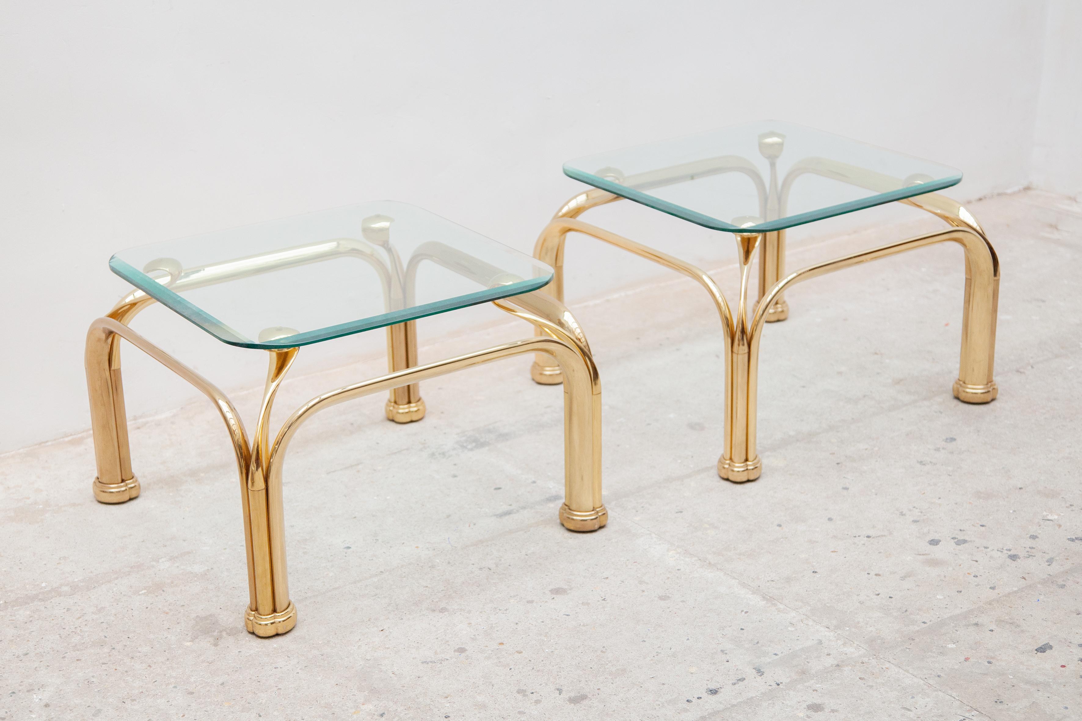 Hollywood Regency Set of Two Brass Side-Tables with Abstract Swan Neck For Sale