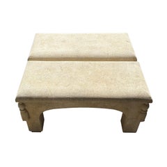 A Set of Two Carved Tassel Benches in Italian Limestone