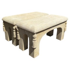 A Set of Two Carved Tassel Benches in Italian Limestone