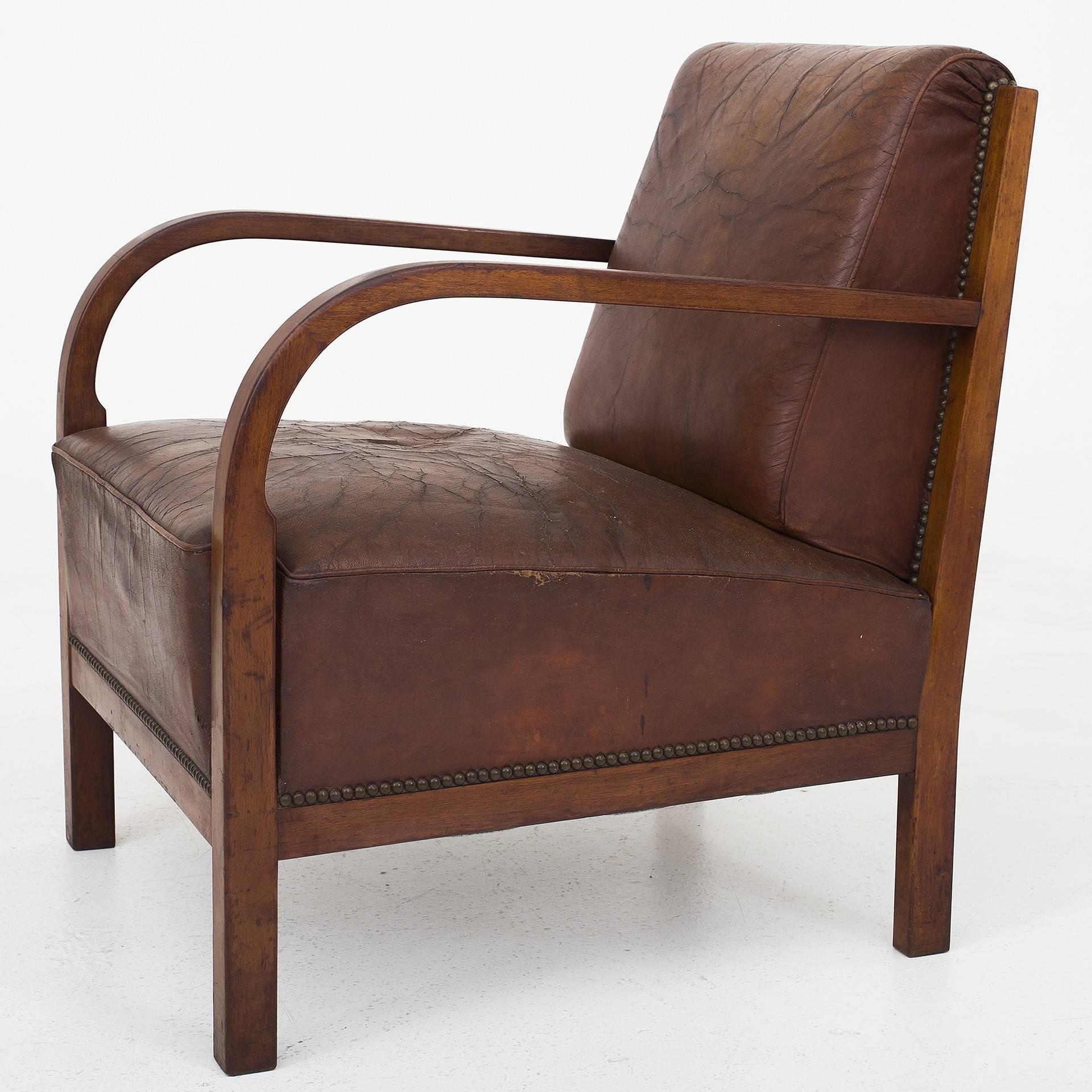 20th Century Set of Two Chairs and a Three-Seat, Patinated Niger Leather and Cuban Mahogany