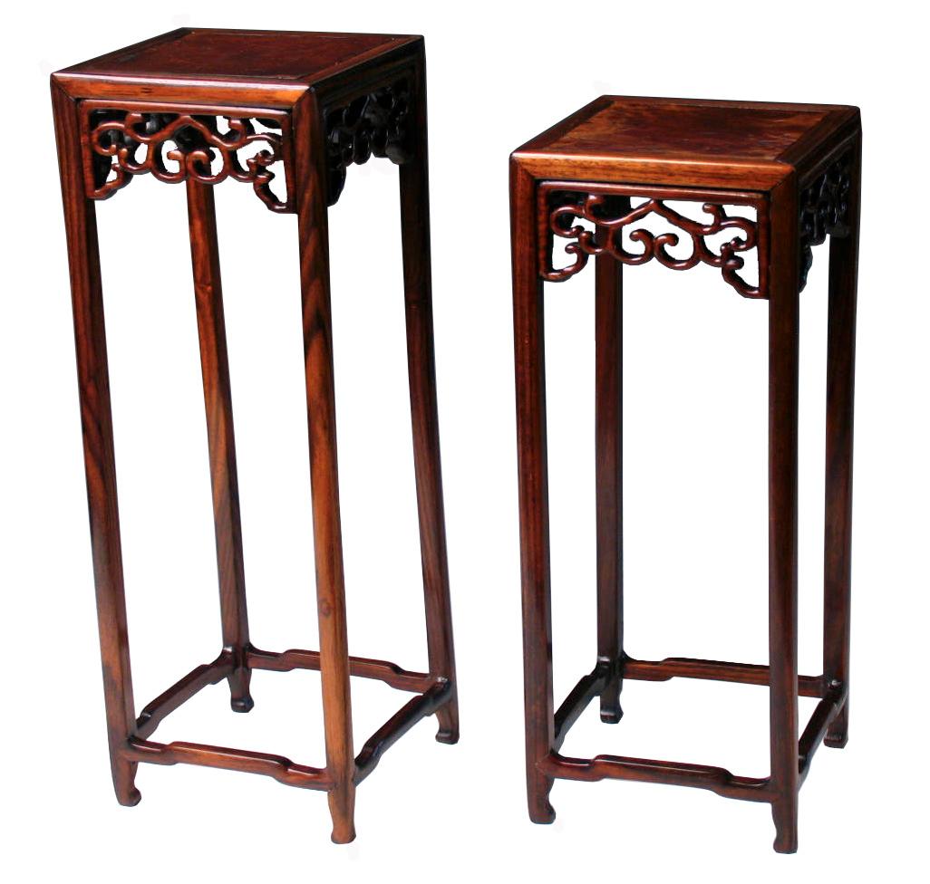 A Set of Two Chinese Rosewood and Burlwood Curio Display Stands For