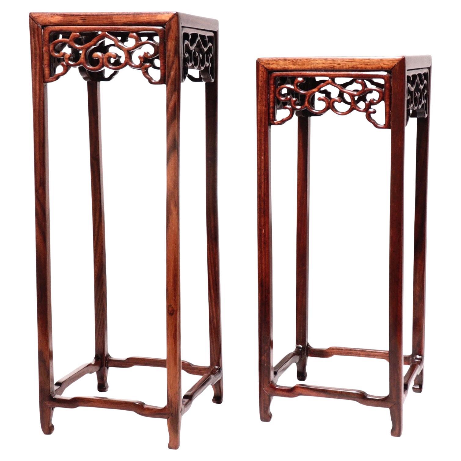 A Set of Two Chinese Rosewood and Burlwood Curio Display Stands For Sale