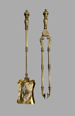 A Set of Two English Victorian Brass Fire Tools: A Shovel and Tongs
