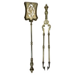A Set of Two English Victorian Brass Fire Tools: A Shovel and Tongs