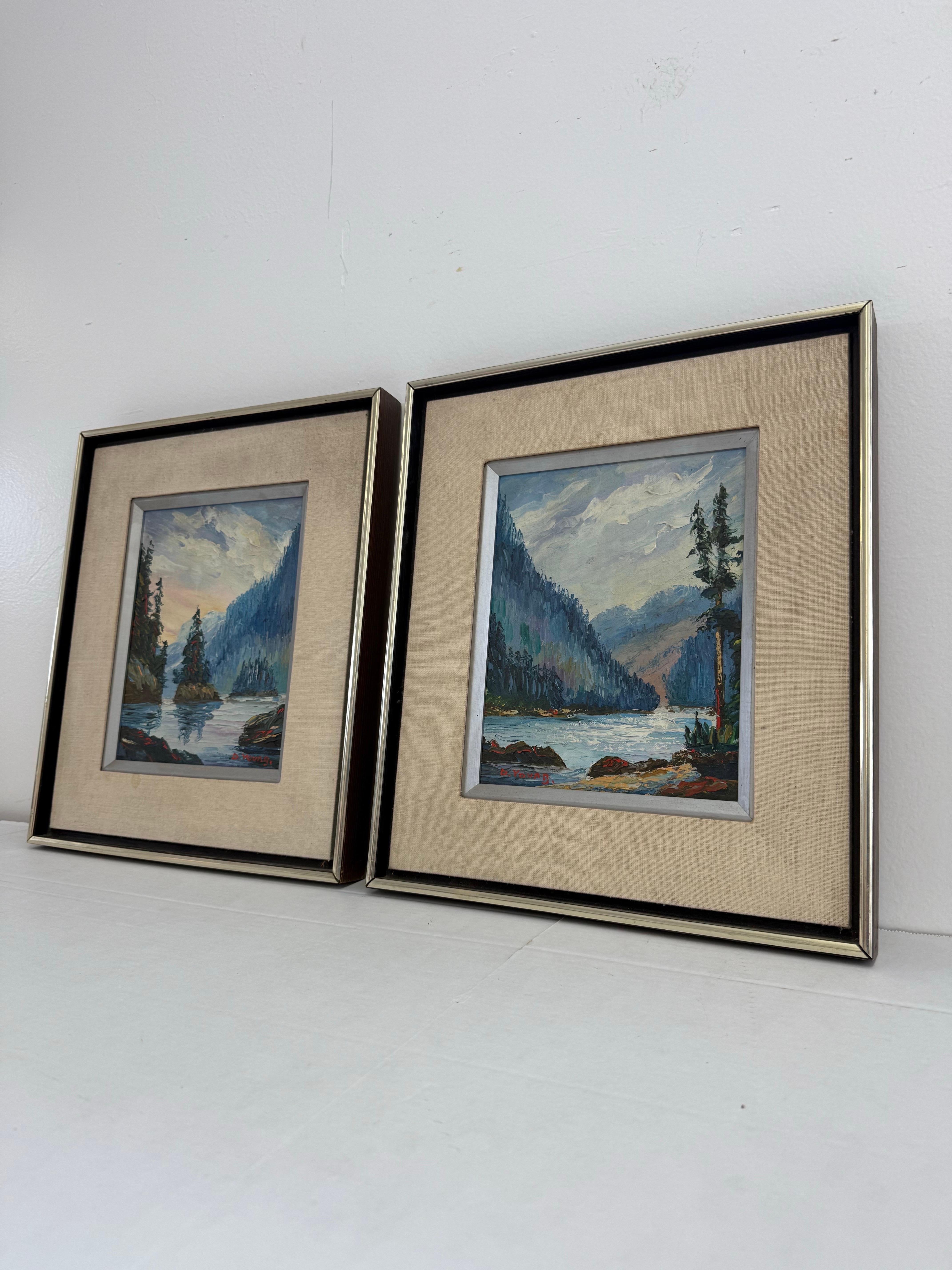 Las obras de arte representadas en las imágenes muestran un paisaje tranquilo, probablemente inspirado en escenarios naturales como lagos, montañas y bosques. El estilo pictórico parece estar influido por las técnicas de la pintura de paisaje
