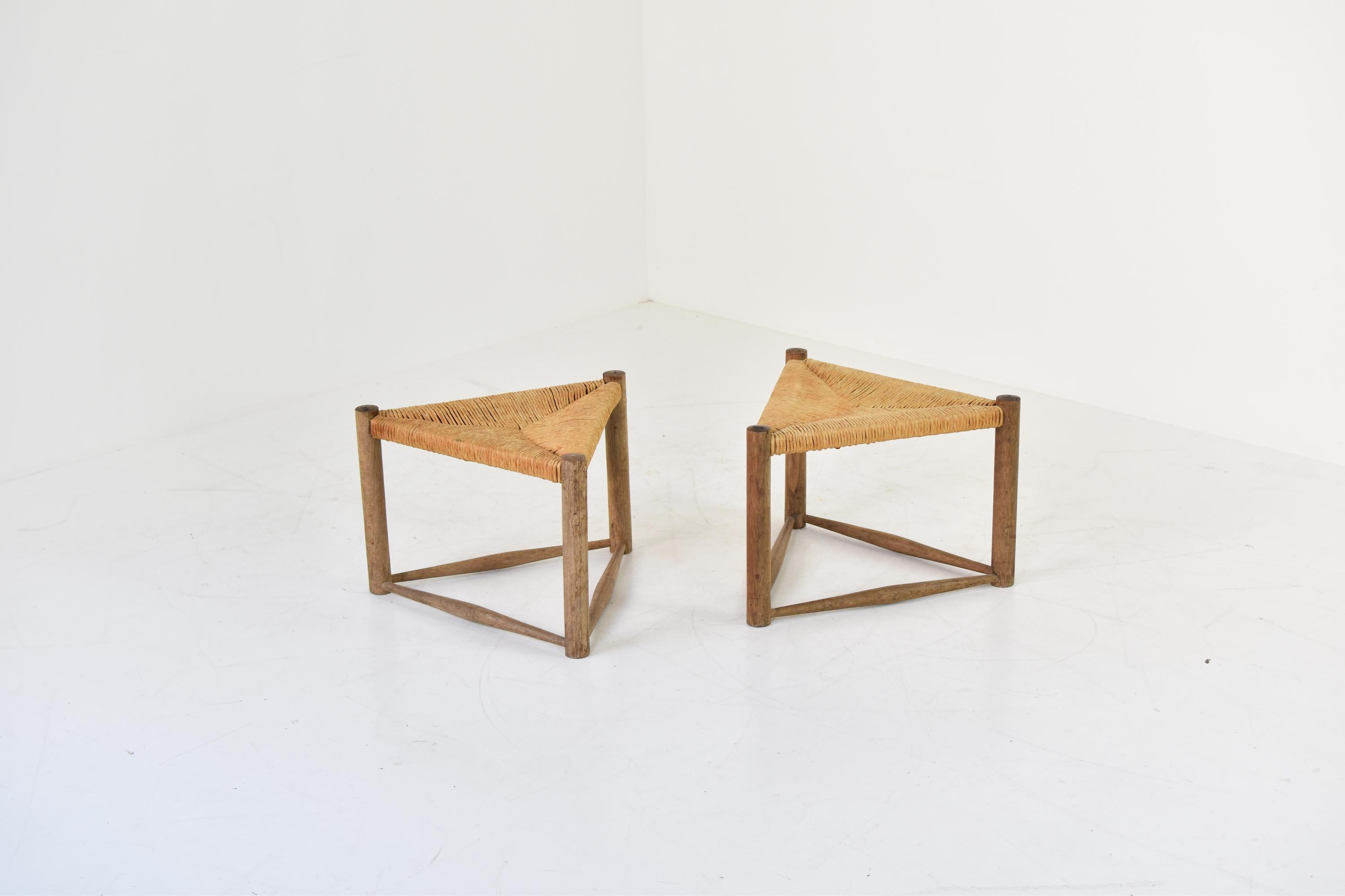 French Set of Two Triangle Shaped Stools Attr. Charlotte Perriand, France, 1950s